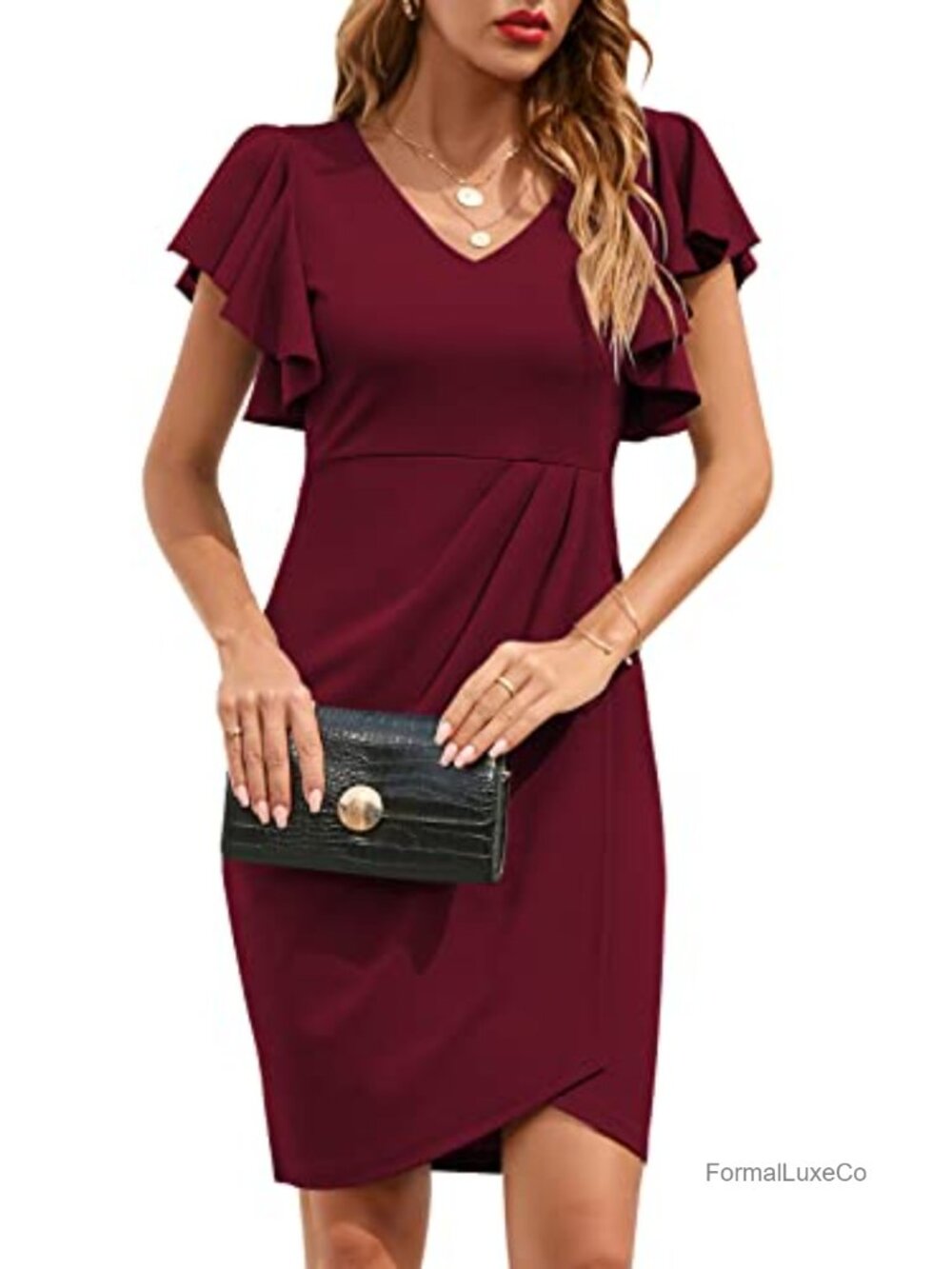 IHOT Women's V Neck Ruffle Sleeve Bodycon Sheath Wrap Ruched Cocktail Party